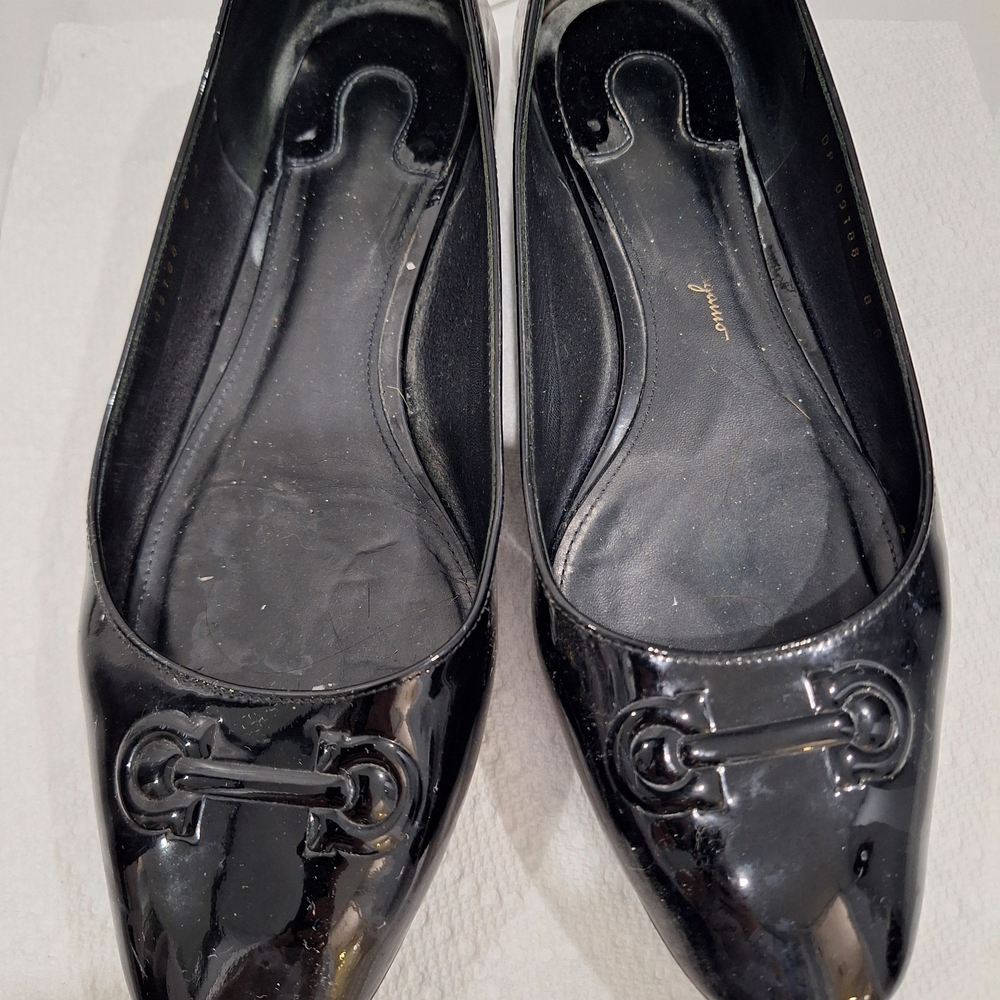 Salvatore Ferragamo Black Patent Leather Horsebit Flats